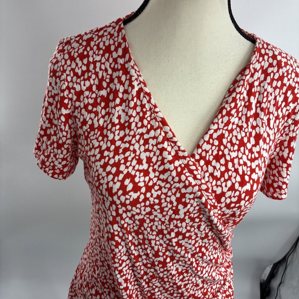 Talbots Womens Top S Petite Red White Print Faux Wrap Short Sleeve Stretch - Picture 2 of 7